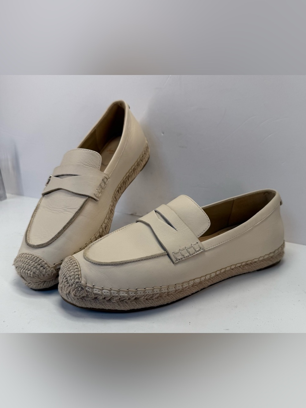 Sam Edelman Kai IvoryLeather Penny Loafers with Braided Espadrille Sole W 9
